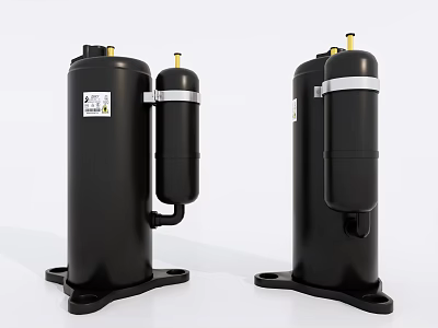 Black Industrial Compressors Two Units With Base Support Top Valves And Labels 3d model