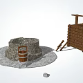 Traditional Garden Ornaments Including Stone Well Wooden Bucket Fence And Tools