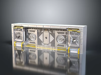 Silver Gray Mechanical Panel Structure With Multiple Doors Yellow Accents And Reflective Surface 3d model