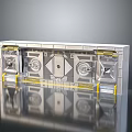 Silver Gray Mechanical Panel Structure With Multiple Doors Yellow Accents And Reflective Surface