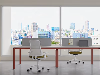Modern Public Office Space With Office Desks Ergonomic Chairs And City View Through Large Windows 3d model