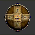 Elaborate Golden Crown Sculpture Decorated With Cross Colorful Gemstones And Tassels