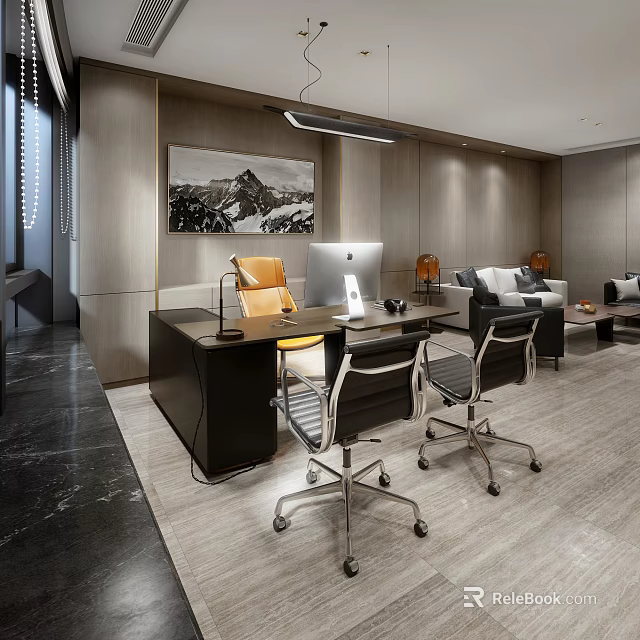 Modern Office Interior With Executive Desk Computer Ergonomic Chairs Sofa And Painting 3d model 