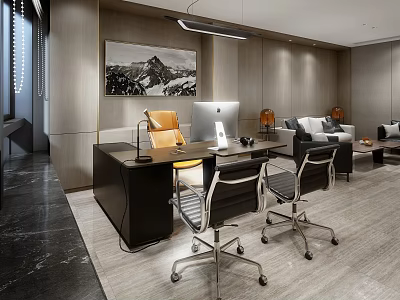 Modern Office Interior With Executive Desk Computer Ergonomic Chairs Sofa And Painting 3d model