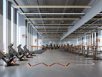 Spacious Bright Gym With Treadmills Spin Bikes Mirrors And Floor Lines 3d model