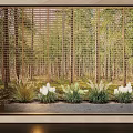 Golden Grid Partition With Woodland Background And Planter Box With White Flowers And Green Plants