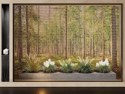 Golden Grid Partition With Woodland Background And Planter Box With White Flowers And Green Plants 3d model