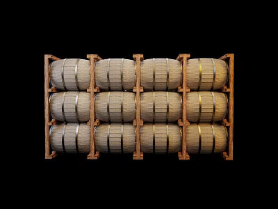 Neatly Arranged Wooden Barrels On Wooden Rack For Household Storage Items 3d model