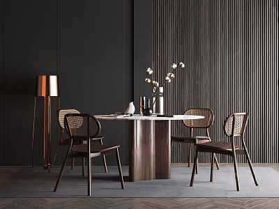 Modern Round Dining Table Set With Marble Top Wooden Legs And Woven Back Chairs 3d model