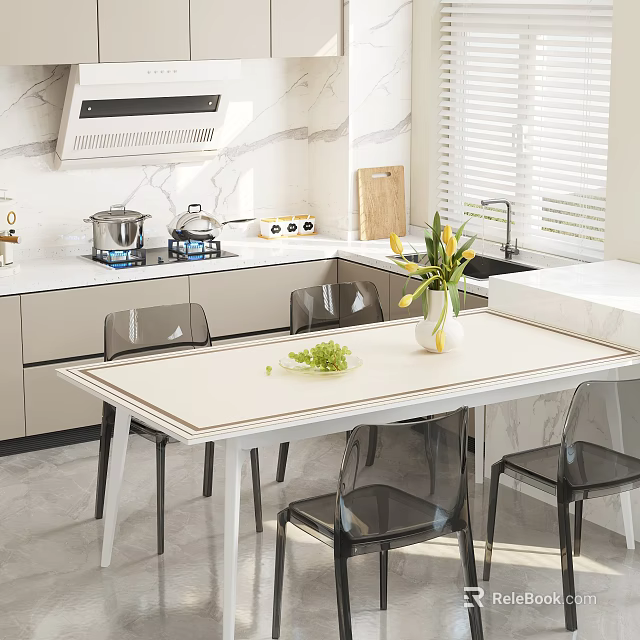 Modern Kitchen Dining Table Set With Transparent Chairs White Tabletop Green Plant Vase Marble Countertop 3d model 