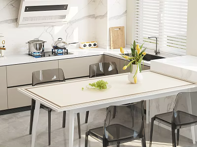 Modern Kitchen Dining Table Set With Transparent Chairs White Tabletop Green Plant Vase Marble Countertop 3d model