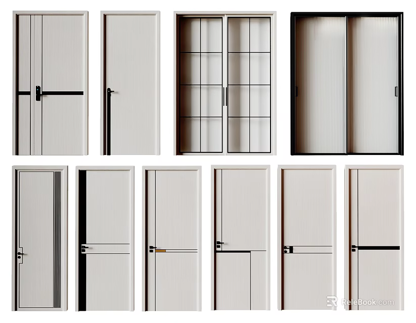 Modern Hinged Doors With Various Designs Glass Panels And White Frames 3d model