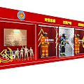 Multiple Firefighter Uniform Models Display On Red Exhibition Board With Slogans