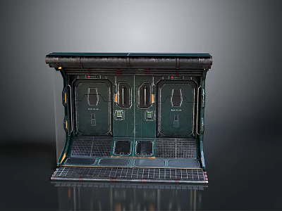 Futuristic Industrial Metallic Reinforced Door With Framed Panel Design And Grilled Base Platform 3d model