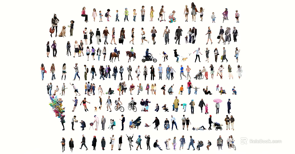 Group of People in Various Poses Engaging in Different Activities Isolated on White Background 3d model 