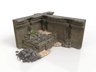 Old Ruined Structure With Scattered Bricks Stones And Small Green Plants 3d model