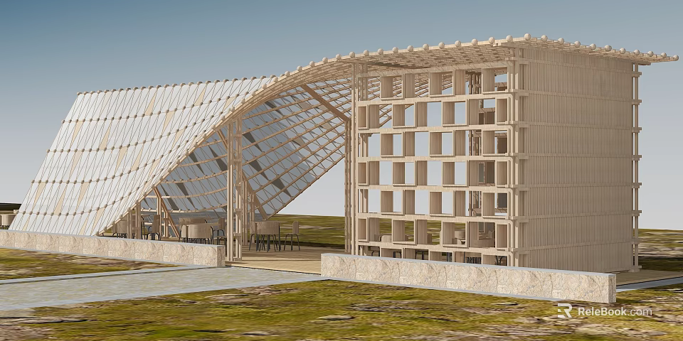 Wooden Pergola With Arch Shaped Roof Glass Panels Adjacent Modern Building Grass Area Stone Pavement 3d model 