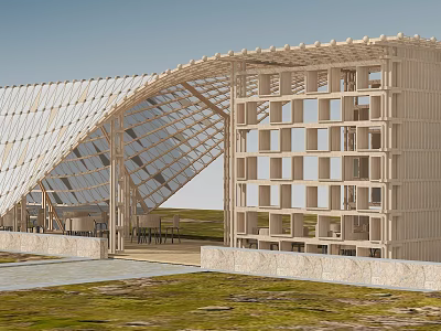 Wooden Pergola With Arch Shaped Roof Glass Panels Adjacent Modern Building Grass Area Stone Pavement 3d model