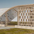 Wooden Pergola With Arch Shaped Roof Glass Panels Adjacent Modern Building Grass Area Stone Pavement