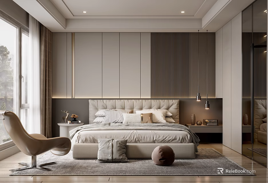 Modern Elegant Bedroom Interior With Paneled Headboard Wall Plush Bed And Accent Chair 3d model 