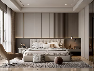 Modern Elegant Bedroom Interior With Paneled Headboard Wall Plush Bed And Accent Chair 3d model