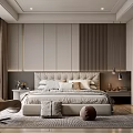 Modern Elegant Bedroom Interior With Paneled Headboard Wall Plush Bed And Accent Chair