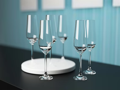 Elegant Wine Glasses Arranged On Black Countertop Against Blue Wall With White Artworks 3d model