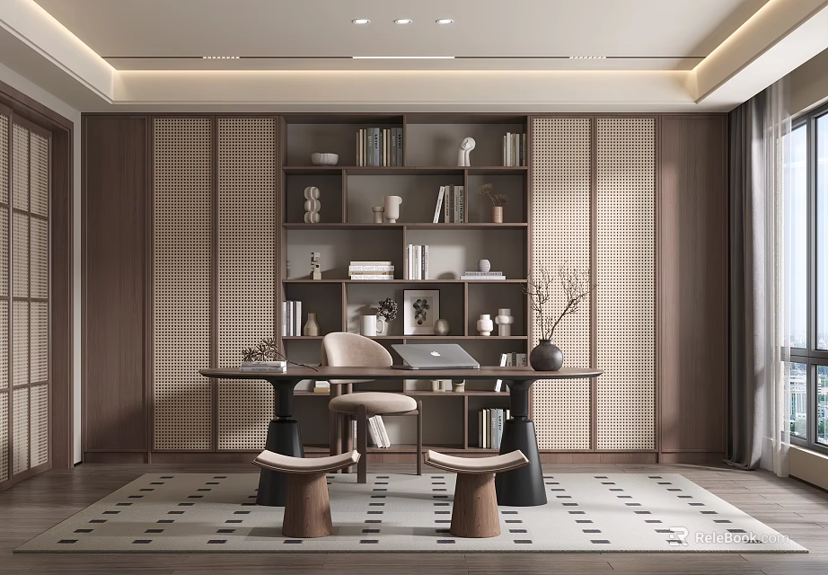 Modern Study Room Interior With Wooden Bookshelves Desk Chair Decorative Items And Patterned Rug 3d model 