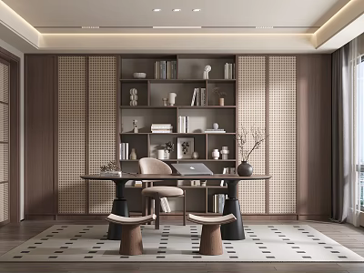 Modern Study Room Interior With Wooden Bookshelves Desk Chair Decorative Items And Patterned Rug 3d model