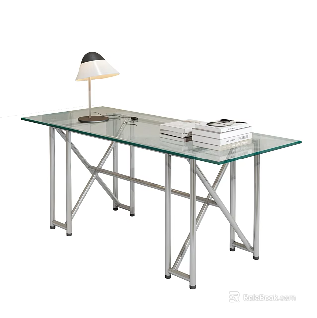Modern Glass Top Desk with Metal Frame Table Lamp and Stack of Books 3d model 