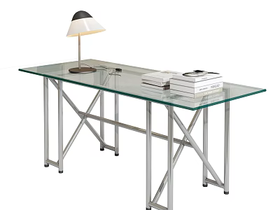 Modern Glass Top Desk with Metal Frame Table Lamp and Stack of Books 3d model