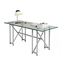 Modern Glass Top Desk with Metal Frame Table Lamp and Stack of Books