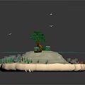 Tropical Circular Island Scene With Blue Water Tree Small Boat Coral Small Plants And Rocks