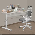 Modern Adjustable White Desk With Ergonomic Chair Lamp Globe Books And Laptop