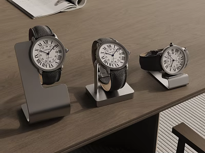 Three Stylish Wristwatches On Metal Display Stands Over Wooden Table 3d model