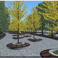 Urban Park Landscape With Golden Ginkgo Trees And Flower Beds
