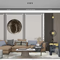 Elegant Modern Living Room Interior With Circular Wall Art Sofa Coffee Table And Floor Lamp