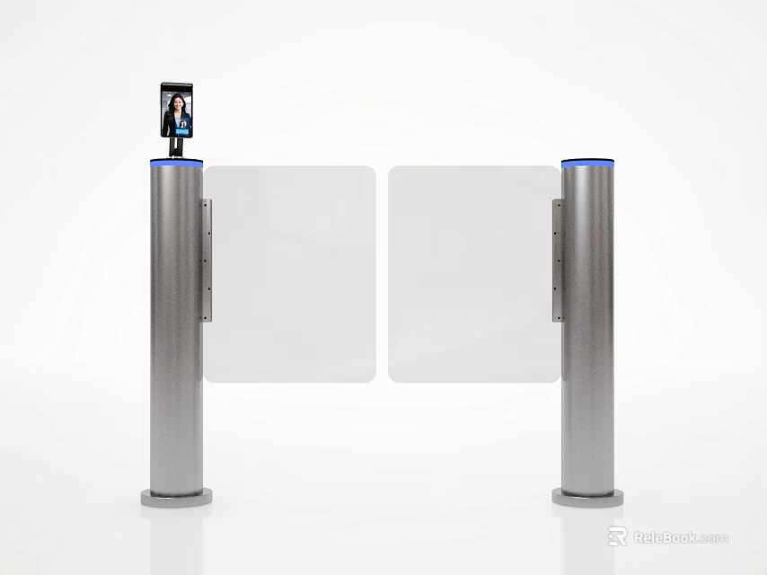 Public Facility Automatic Turnstile With Camera Silver Pillars Transparent Barriers And Blue Lights 3d model 