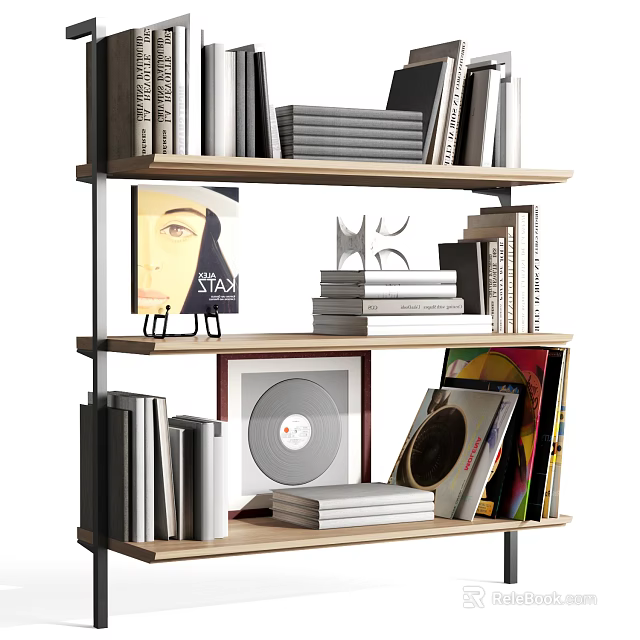 Modern Wall Cabinet With Books Vinyl Records And Decorative Art Pieces 3d model 