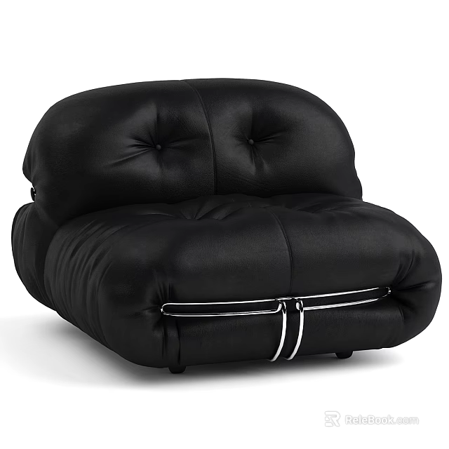 Modern Black Leather Single Seater Sofa With Puffy Backrest And Stitched White Straps Accents 3d model 