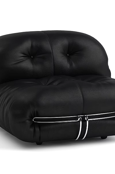 Modern Black Leather Single Seater Sofa With Puffy Backrest And Stitched White Straps Accents 3d model