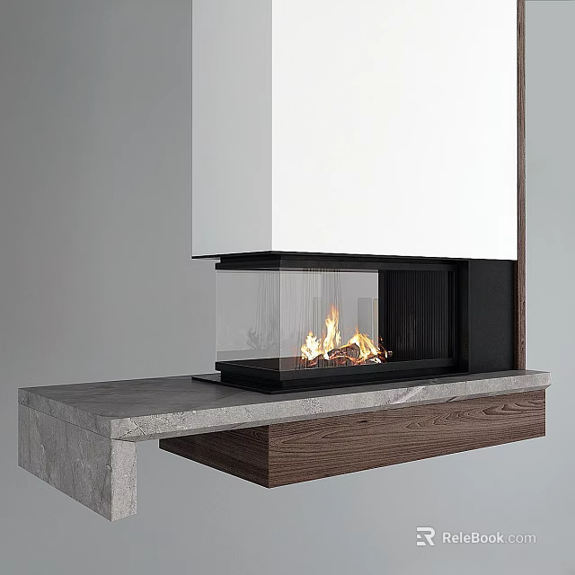 Modern Fireplace Design With Glass Front Flames Burning Wooden Stone Countertop Base 3d model 