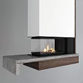Modern Fireplace Design With Glass Front Flames Burning Wooden Stone Countertop Base