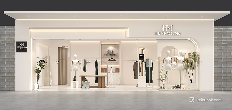 Modern Clothing Store Interior With Mannequins Stylish Outfits Display Racks And Green Plants 3d model 