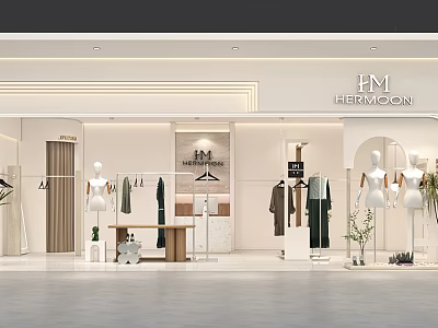 Modern Clothing Store Interior With Mannequins Stylish Outfits Display Racks And Green Plants 3d model