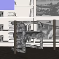 Modern Patterned Accent Chair With Bookshelf Books Window View And Laptop In Living Room Interior