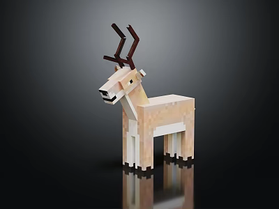 Pixel Art Deer Figurine With Brown Antlers Standing On Black Reflective Surface 3d model
