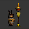 Elegant Classical Household Items Including Flaming Torch Ornate Harp And Decorative Vase With Intricate Designs
