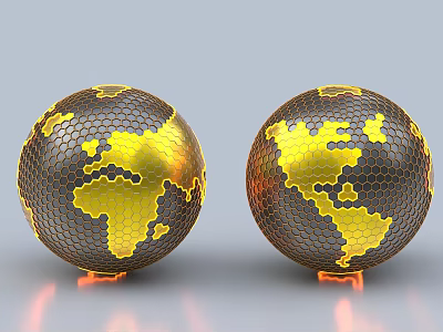 Decorative Ornament Set With Two Gold And Black Honeycomb Texture Globes On Glowing Base 3d model