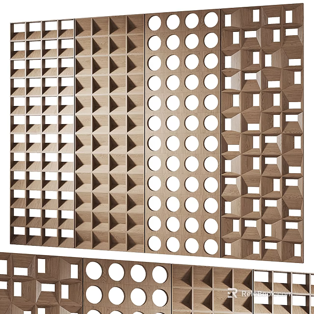 Modern Wooden Room Dividers With Circular Holes Square And Triangular Patterns 3d model 